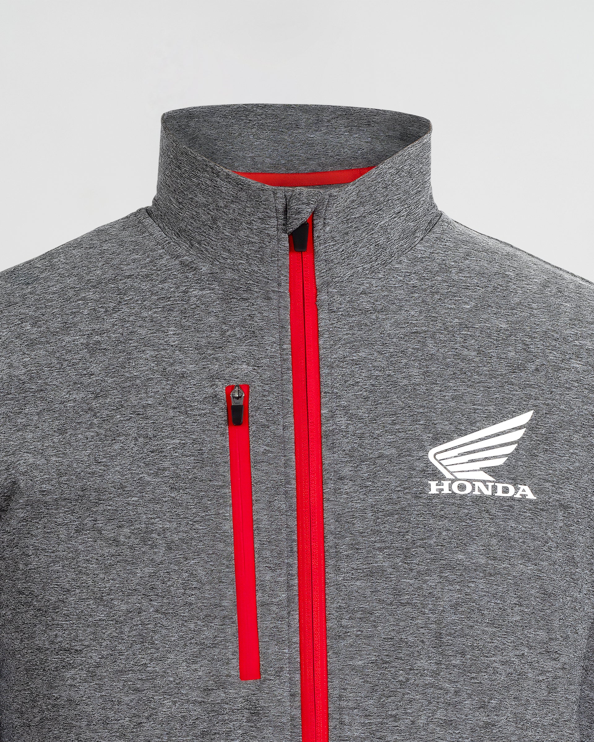 Honda Tactical Jacke Grau, Detailansicht Kragen und Reißverschluss.